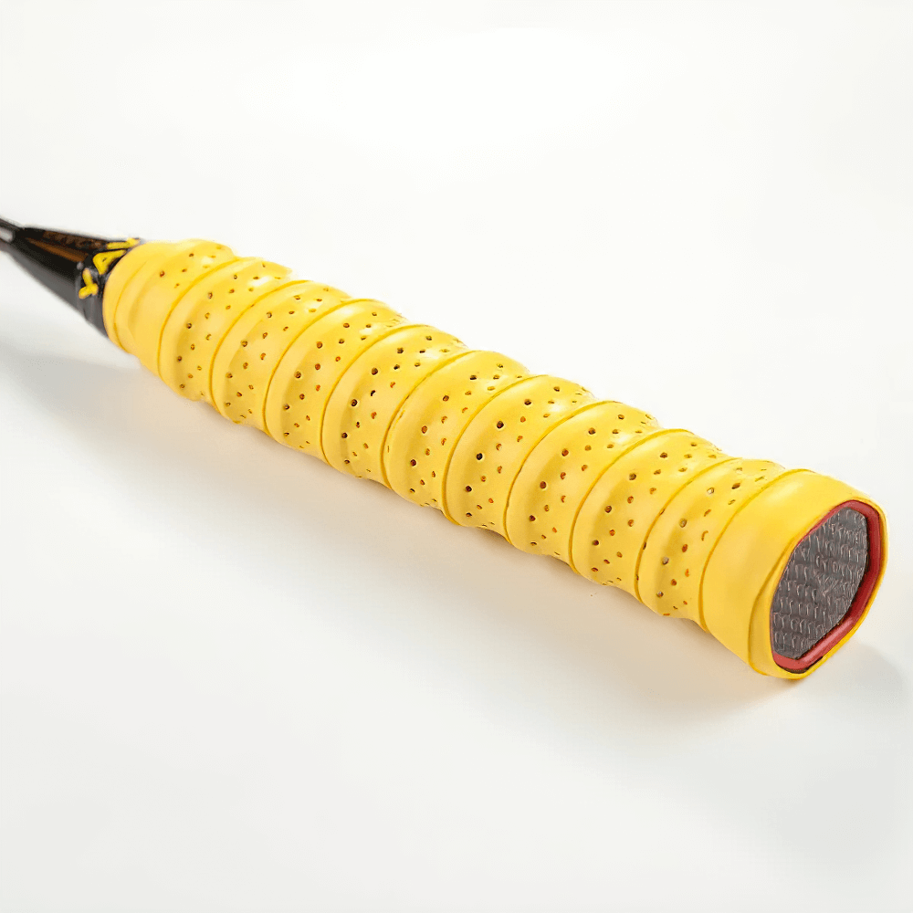 Close-up of yellow Perforated Sweat-Absorbent Racket Overgrip Tape - SF3450 on a racket handle, showcasing breathable non-slip design.